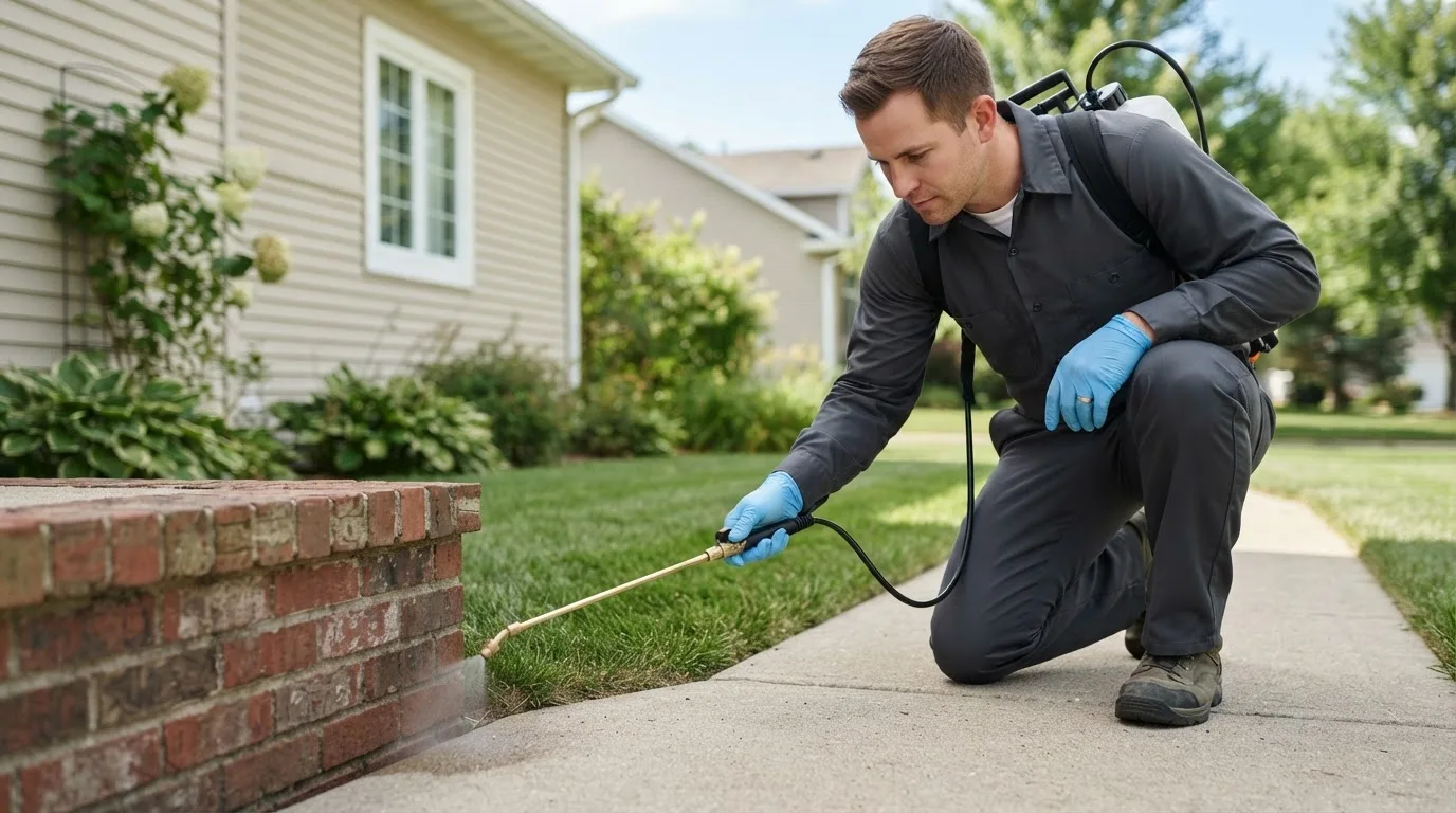 Pest control technician treating a home near Riley, OR
